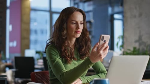 Office Lady Receive Message with Good News Closeup Career Promotion Success