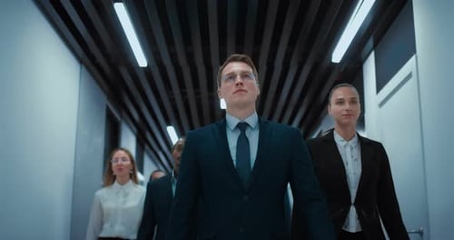 Confident Business Team of Charismatic Boss Walking in Corridor of Office Center Prores