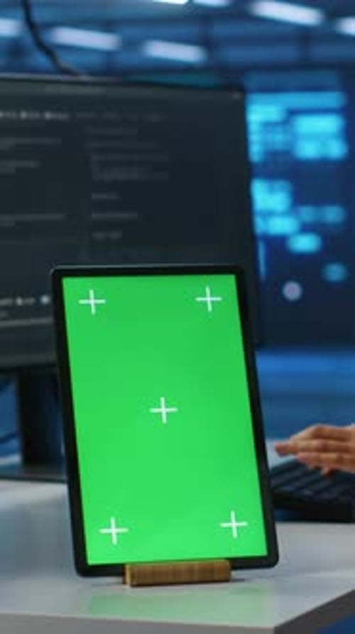Vertical Video Chroma Key Device on Desk Used By Worker Supervising Data Center Supercomputers