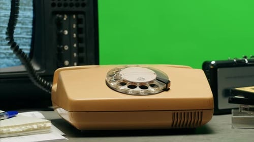 Retro Vintage Phone on Chroma Key Green Screen Rotary Telephone is Displayed on a Wooden Desk Adding