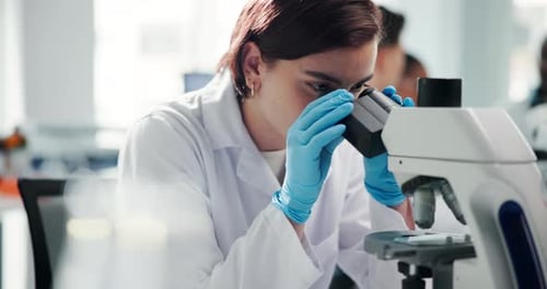 Ciência, laboratório e mulher com microscópio com notas para pesquisa, estudo médico e descoberta