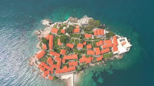 Sveti Stefan. Montenegro. Fantastic aerial view of the beach and Sveti Stefan island.