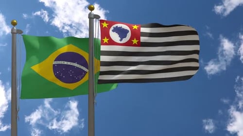 Waving Flags of Brazil and São Paulo State Against Blue Sky