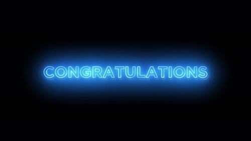 Blue Neon Congratulations Text Animation Reveal on Black Background Glowing Letters