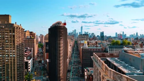 Facades of the Flatiron Building covered with a net during the reconstruction.