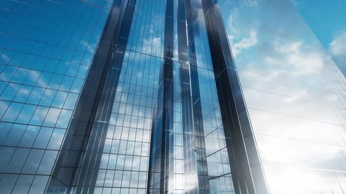 Modern Glass Skyscraper Exterior With Sunshine And Reflection On The Windows