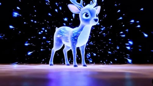 Glühendes blaues Reh, das auf einem Holzboden mit Schneeflocken steht