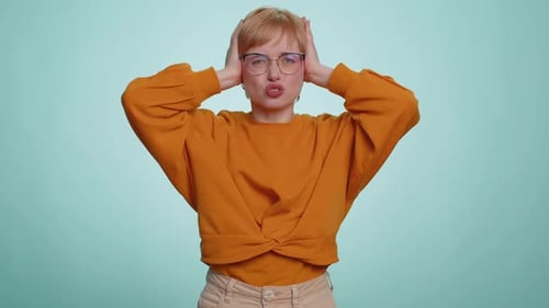 Annoyed Irritated Young Woman Covering Ears Gesturing No Avoiding Advice Ignoring Noise Loud Voices