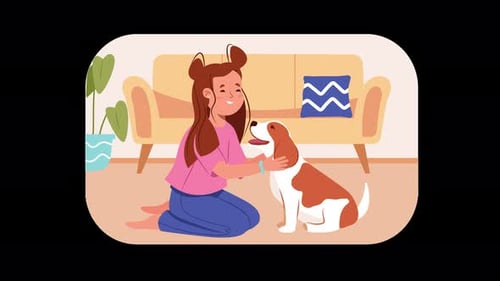 Girl Petting Dog in Living Room Flat Design Animation