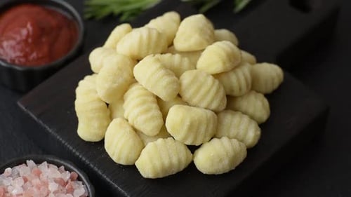 Raw homemade potato gnocchi, made with salt and spices, ready for lunch. Raw gnocchi