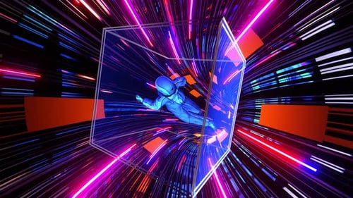 Astronaut Neon Lights Speed Digital Cube Warp Tunnel Flight Metaverse Sci Fi. 4k Vidios
