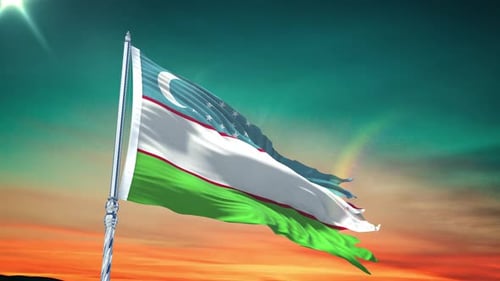 Uzbekistan Flag Waving Motion Graphic Against Sunset Sky