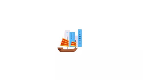 Flat Design Animation of Junk Boat and Cityscape