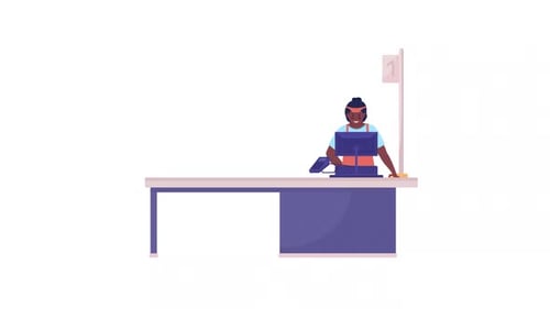 Animated Cashier Scanning Items at Retail Counter in Flat Design