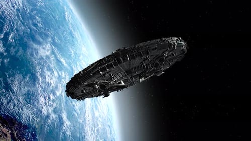 Futuristic Spaceship Orbiting Earth Animation