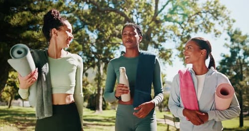Fitness, friends and walking with yoga mat at park for wellness exercise