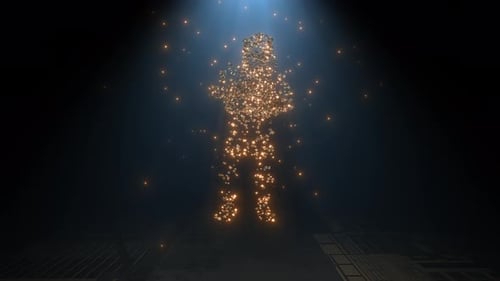 Futuristic Digital Human Dancing Silhouette with Glowing Particles