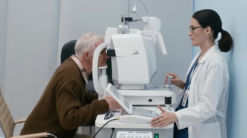 Patient Getting Eyesight Tested with Modern Equipment at Ophthalmologists Room