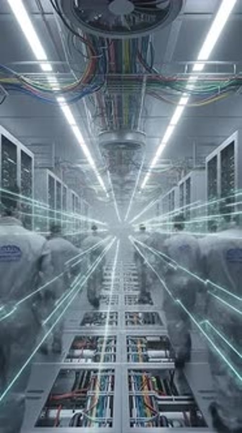 Futuristic Data Center with Glowing Digital Information Stream