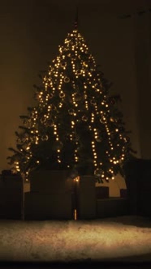 Christmas Low Key Tree Of A Mountain House Illuminated On A Cold Winter Night