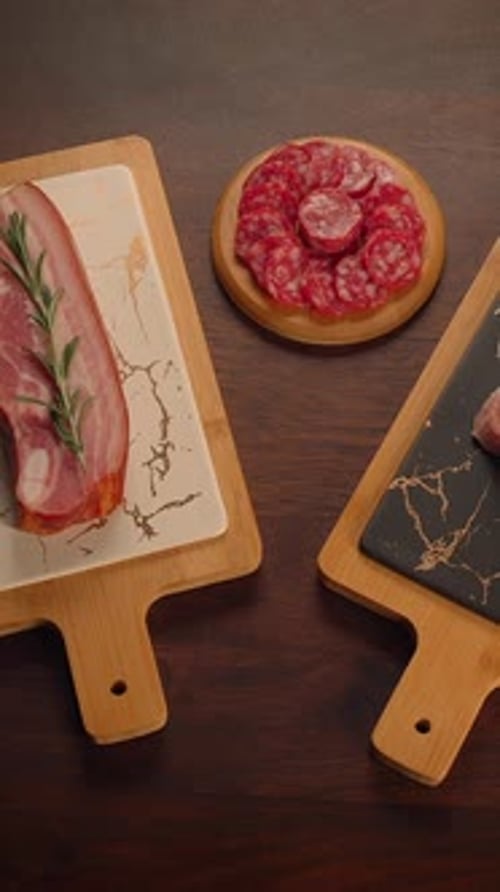 A Delightful Artisan Meat Platter Expertly Arranged with Charcuterie Alongside Fresh Herbs