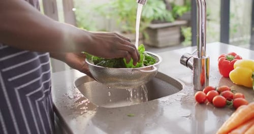 Video of hands of asian woman washing vegetables