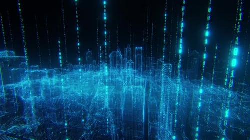 Futuristic Digital City Network with Binary Code Stream