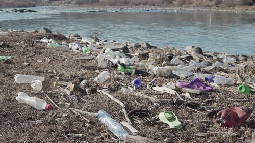 Polluted River with Floating Garbage