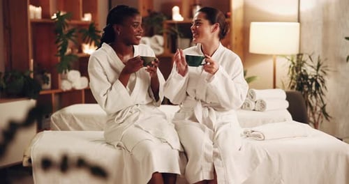 Women, friends and smile with coffee at spa for beauty massage, treatment and service with bonding