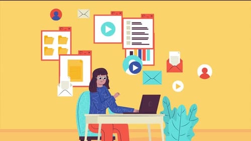 woman at work analyzing files, woman in office reviewing multimedia files animation 4k