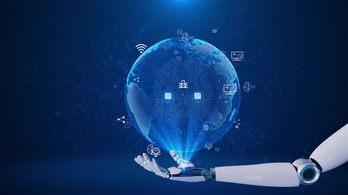 Futuristic Robotic Arm Holds Digital Global Network Data Visualization