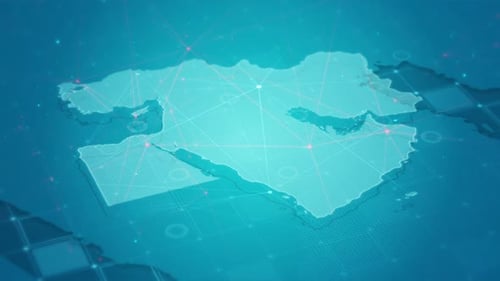 Digital Network Overlay on Middle East Map with Glowing Connections