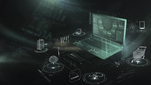 Laptop Showing Interface with Shopping and Delivery Icons in Augmented Reality