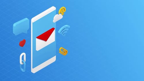 Mobile Phone With Digital Marketing Icons On Blue Background