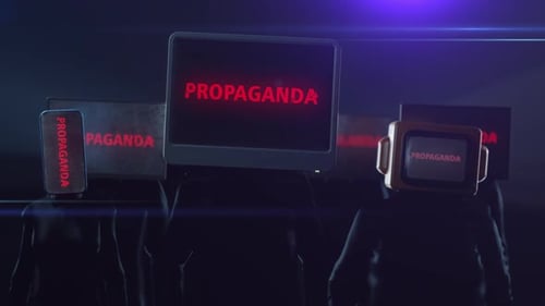 Glitching Propaganda Message On Digital Screens Of Faceless Figures