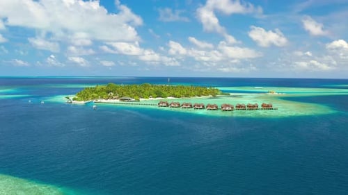 Tropical Island with Watrer Villas and Coconut Palm Trees Blue Lagoon White Sandy Beach at Bora Bora