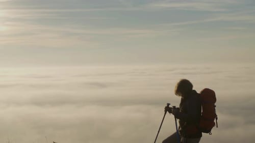 Mature Woman Climbing Mountain with Trekking Poles on Summer Day