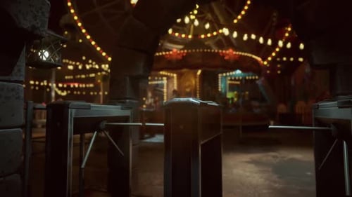 Empty Amusement Park at Night with Illuminated Rides and Quiet Atmosphere
