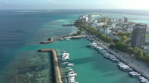 Drone photo of waves. The Maldives on a sunny day