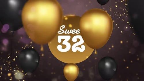 Sweet 32 Golden Celebration with Floating Balloons and Confetti