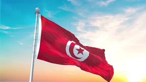 Realistic Tunisia Flag Waving Against Dynamic Sky Animation