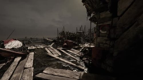 Abandoned Dock with Weathered Structures and Scattered Debris in Dusk Light