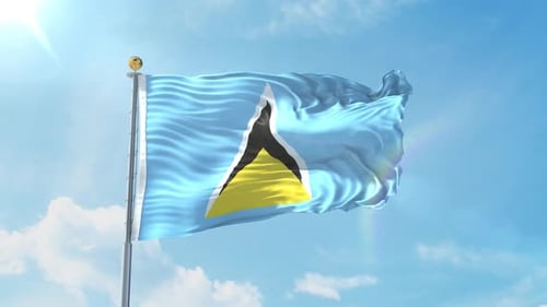 Saint Lucia National Flag Waving in Realistic Blue Sky