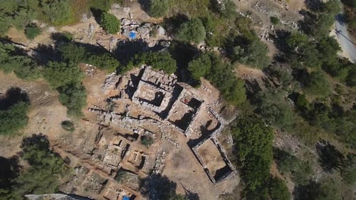 Drone shot of the ancient ruins of Odysseus palace, known from Homer's mythology