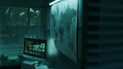 Computer with Drone Surveillance Software on Desk of Military Analyst