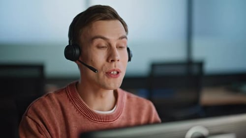 Call Center Representative Working in Customer Support Service Office Closeup