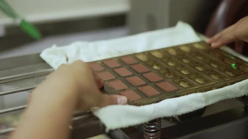melted chocolate, handmade chocolate factory, cocoa, mold for confectionery