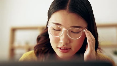 Stress, burnout and a woman with headache pain, elearning fail and anxiety from home education