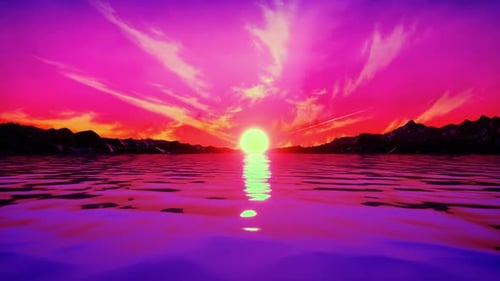 Animation rétro des années 1980 avec rochers, rivière, soleil et rose cyberpunk