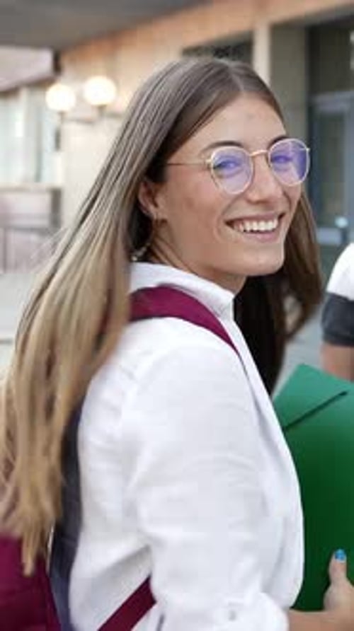 Blond Student Girl Going to Classes with Group of College Friends Walking Towards University